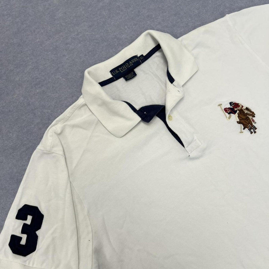 Vintage U.S. Polo Assn Men's White & Navy No.3 Big Flesh Pony Preppy Y2K Polo XL