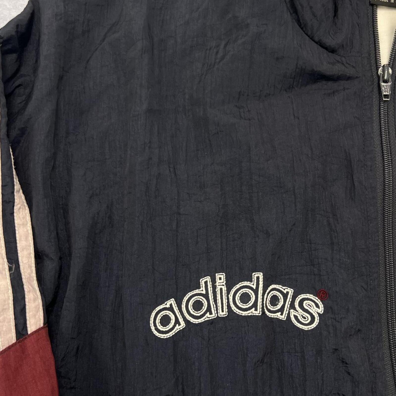 Vintage 90s Adidas Originals Navy & Burgundy ColourBlock SpellOut Windbreaker Track Jacket L