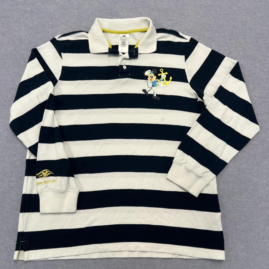 Disney Cruise Line Mickey Mouse Navy & White  L/S Striped Rugby Jumper Polo Men’s Medium