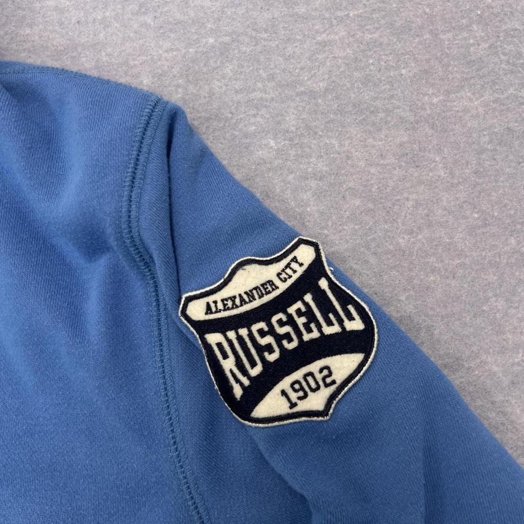 Vintage Russell Athletic Men's Blue & Black Spell Out Patch Full Zip Hoodie XL