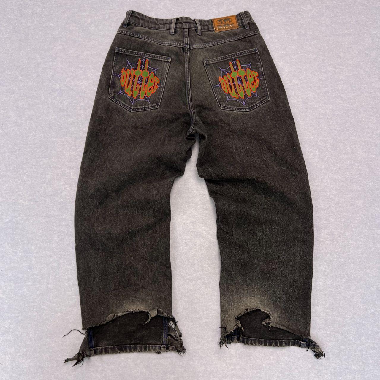 Vintage Butter Streetwear Very Baggy Spider Web Denim Charcoal Distressed Jeans Thrashed Hem Skater Men's W28"