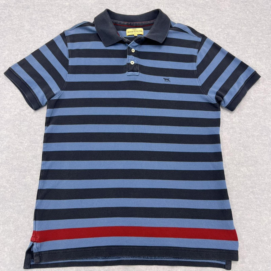Vintage Rodd & Gunn Men’s Navy & Blue Striped Polo (Navy Dog) Preppy Large