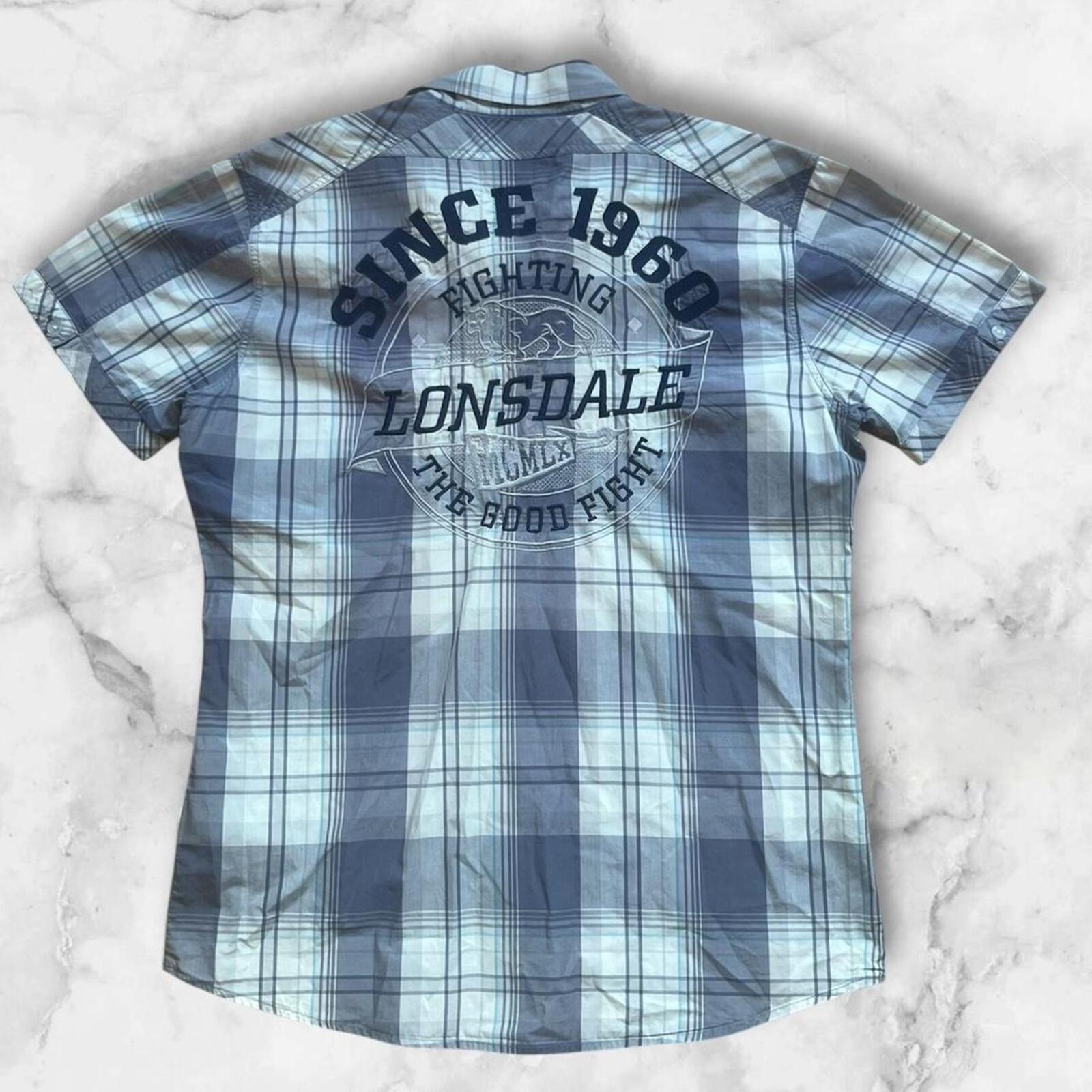 Vintage Lonsdale Blue & White Plaid Button Up Embroidered Polo Shirt Men’s Large