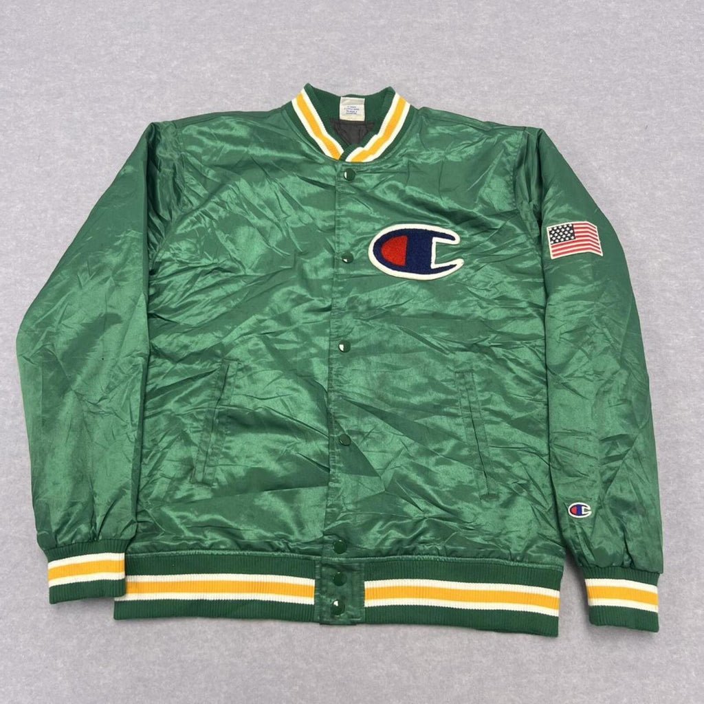 Vintage 80s/90s Champion Men's Green Satin Varsity Bomber Jacket USA Flag Large