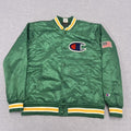 Vintage 80s/90s Champion Men's Green Satin Varsity Bomber Jacket USA Flag Large