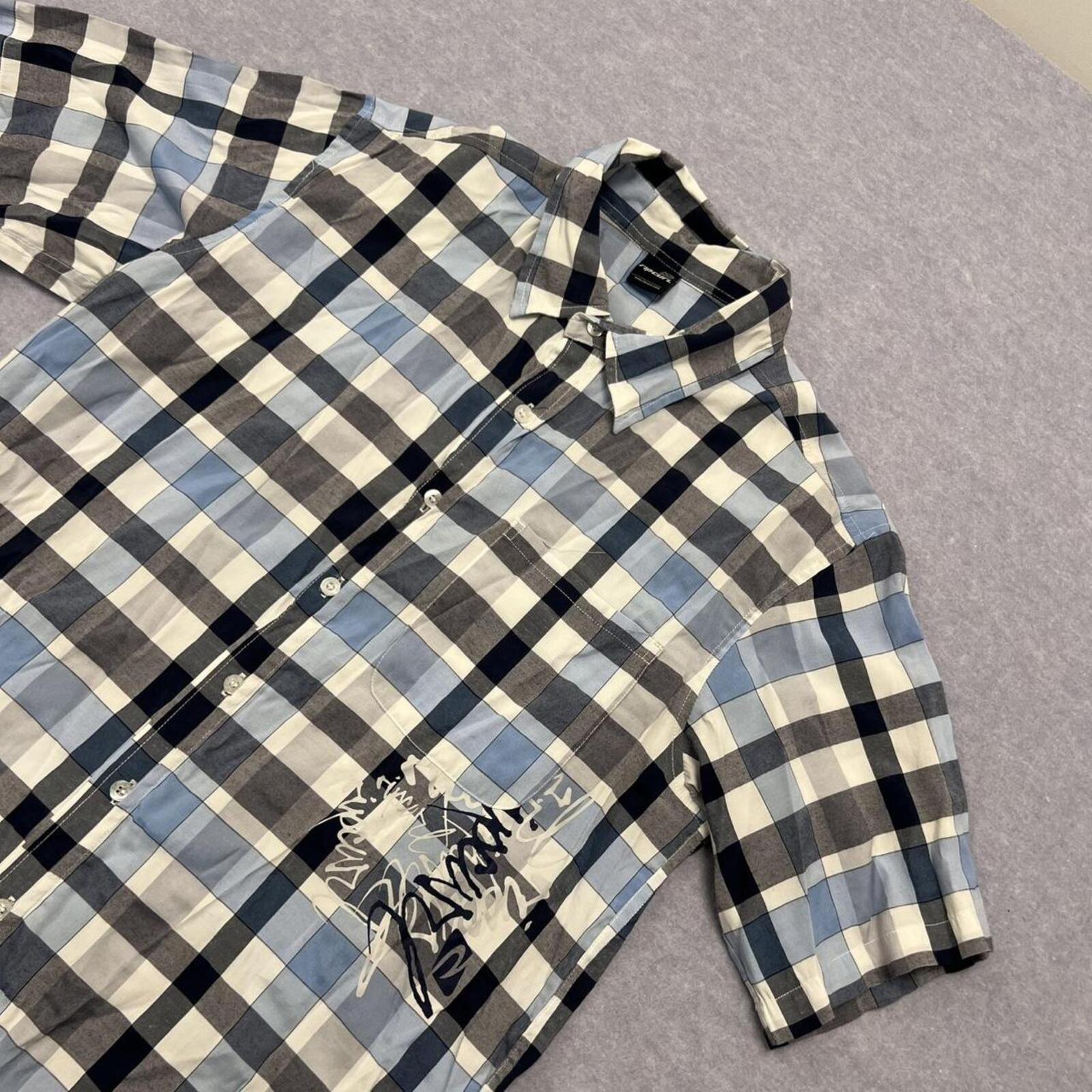 Vintage Rip Curl Men's Blue Grey Check Short Sleeve Shirt Medium Surf Y2K