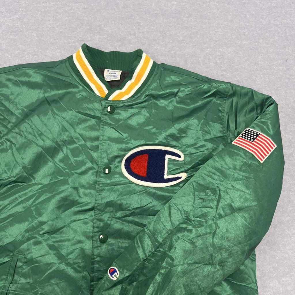 Vintage 80s/90s Champion Men's Green Satin Varsity Bomber Jacket USA Flag Large