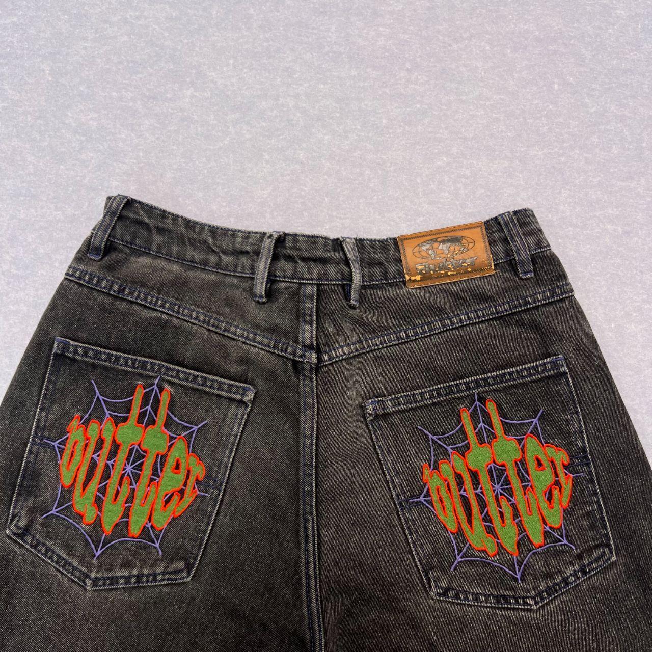 Vintage Butter Streetwear Very Baggy Spider Web Denim Charcoal Distressed Jeans Thrashed Hem Skater Men's W28"