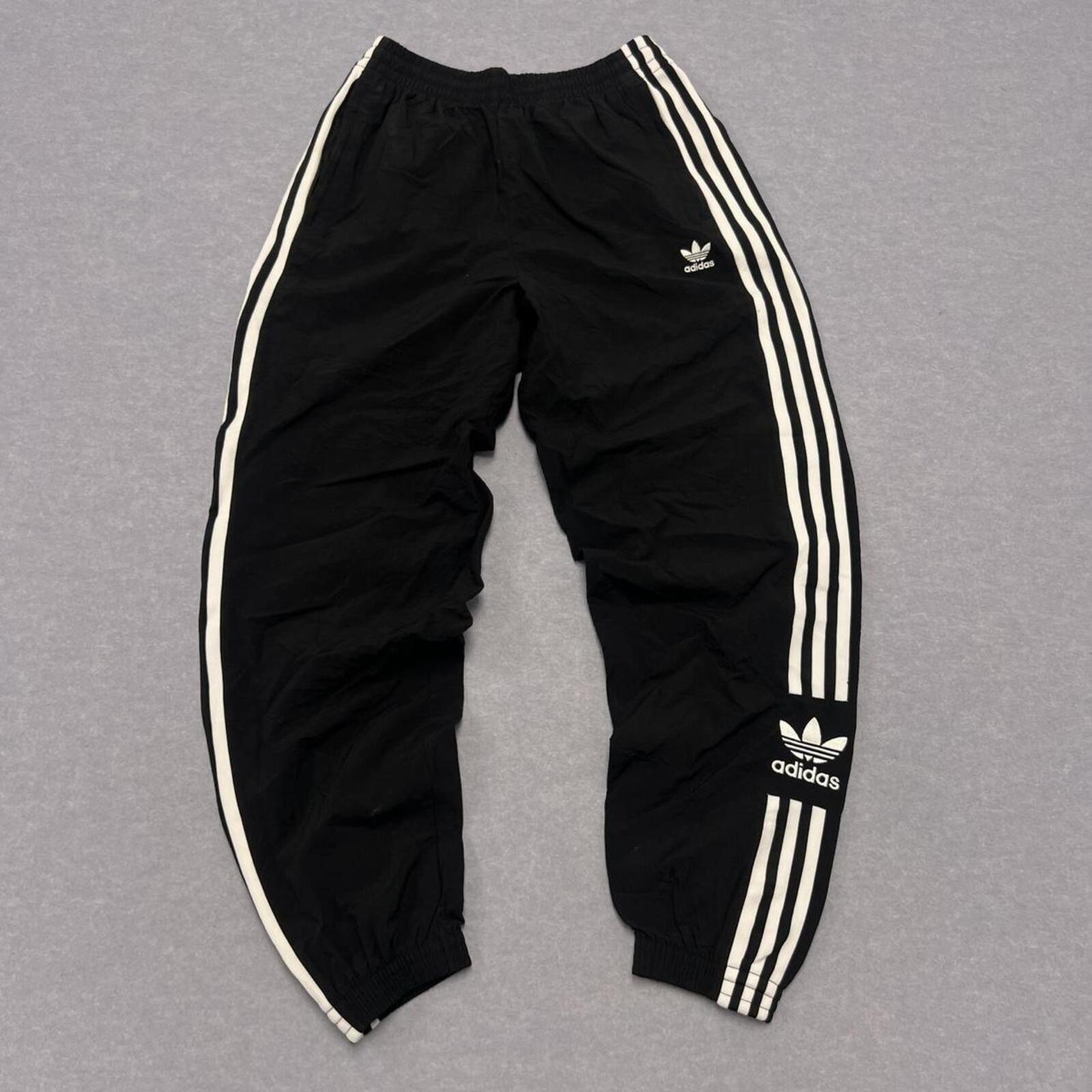 Vintage Adidas Originals Men's Black & White Striped Trefoil Logo Skater Y2K Track Pants Small