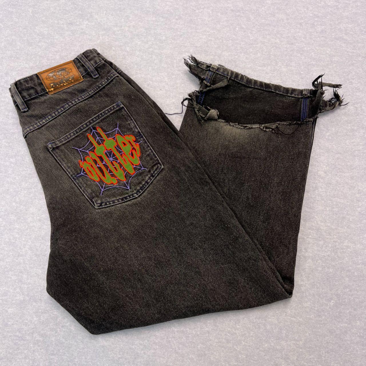 Vintage Butter Streetwear Very Baggy Spider Web Denim Charcoal Distressed Jeans Thrashed Hem Skater Men's W28"