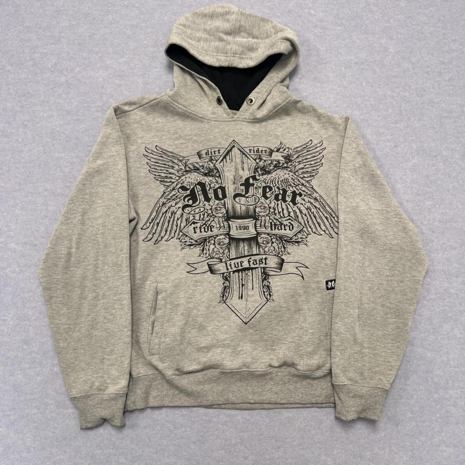 Vintage No Fear Dirt Rider Men's Grey Graphic Grunge Streetwear Hoodie Y2K Small