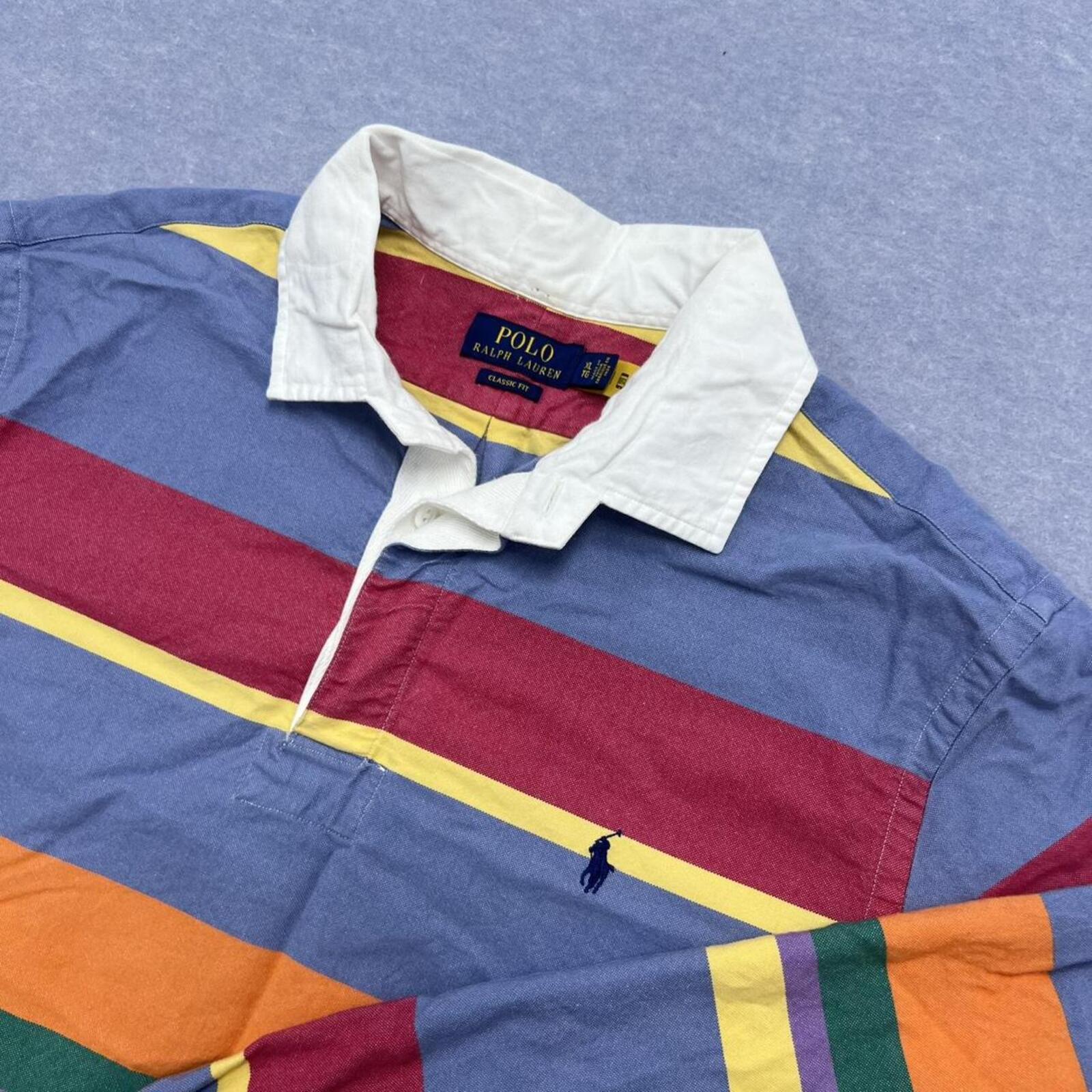 Vintage Polo Ralph Lauren Multicolour Rainbow Stripe Rugby Polo Shirt Men’s XL