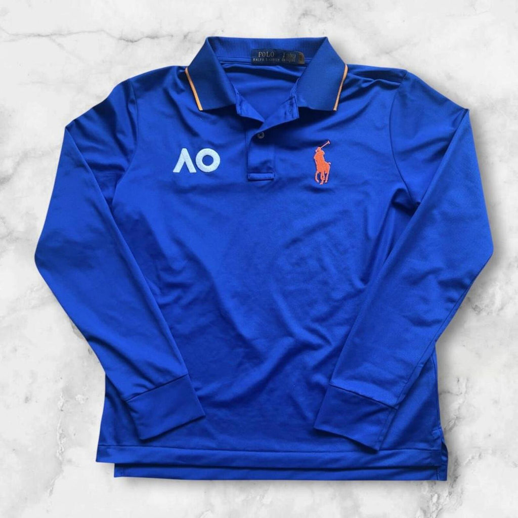 Polo Ralph Lauren Men’s AO Australian Open Tennis 2024 Navy Blue & Orange Big Pony Sports Longsleeve Polo Small