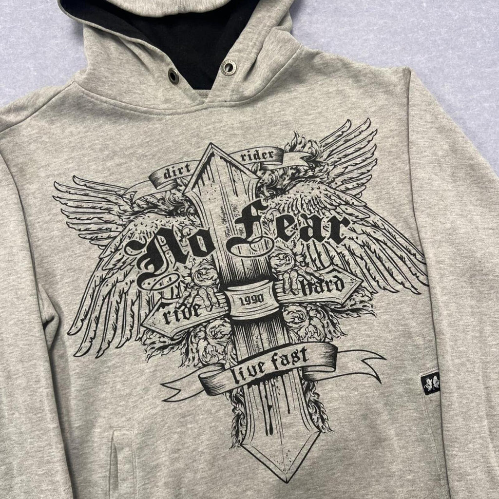 Vintage No Fear Dirt Rider Men's Grey Graphic Grunge Streetwear Hoodie Y2K Small