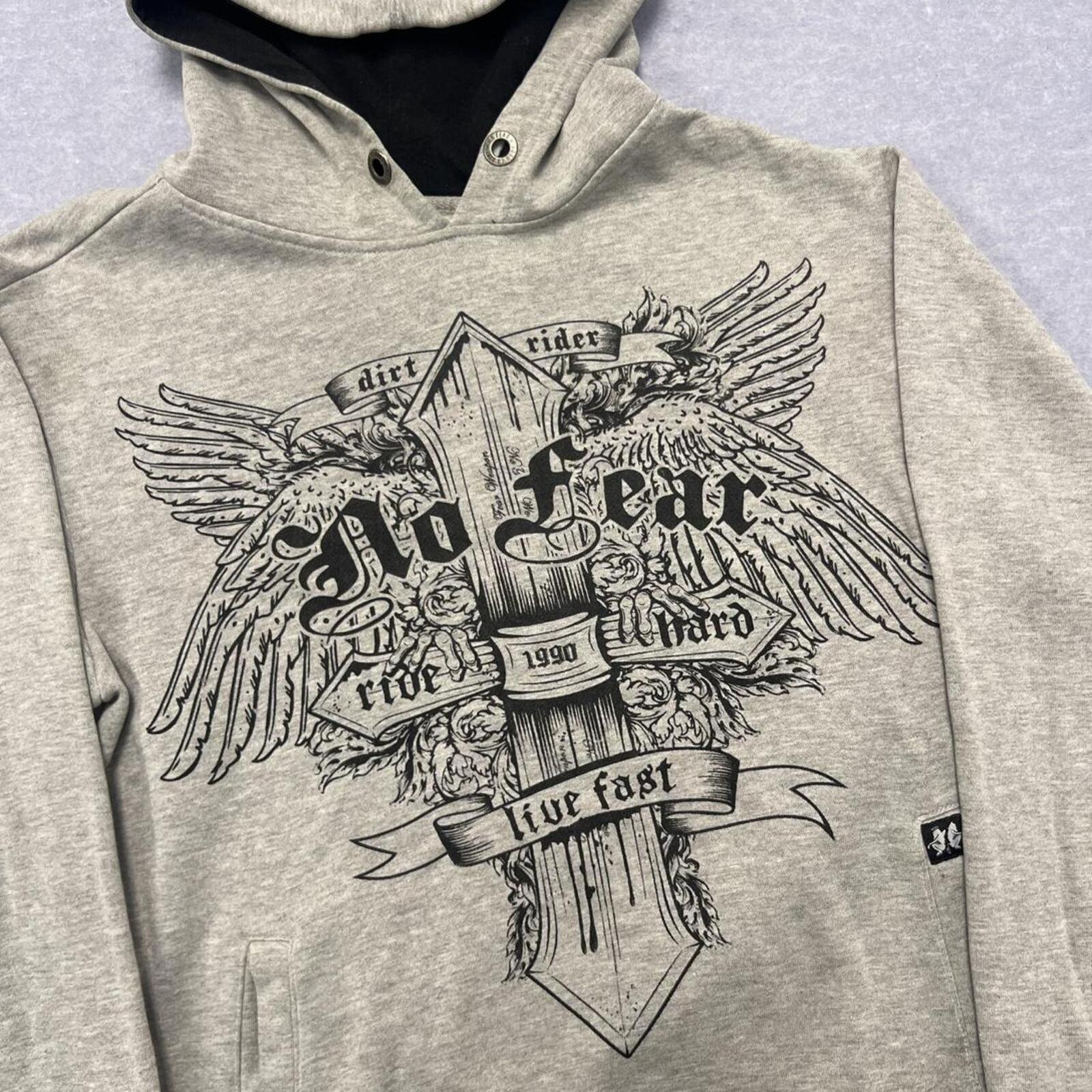 Vintage No Fear Dirt Rider Men's Grey Graphic Grunge Streetwear Hoodie Y2K Small