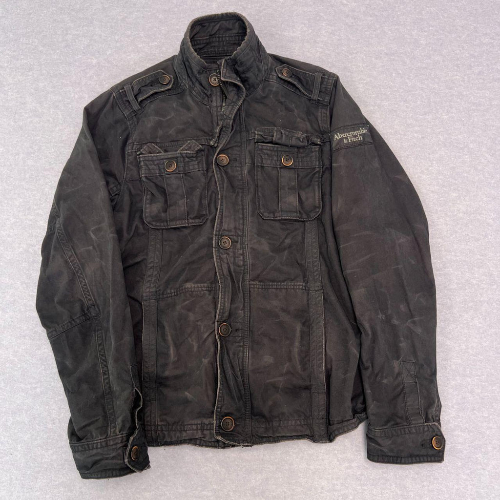 Vintage Abercrombie & Fitch Mens Charcoal Grey / Black Sun Faded Heavyweight Sentinel Military Jacket XL