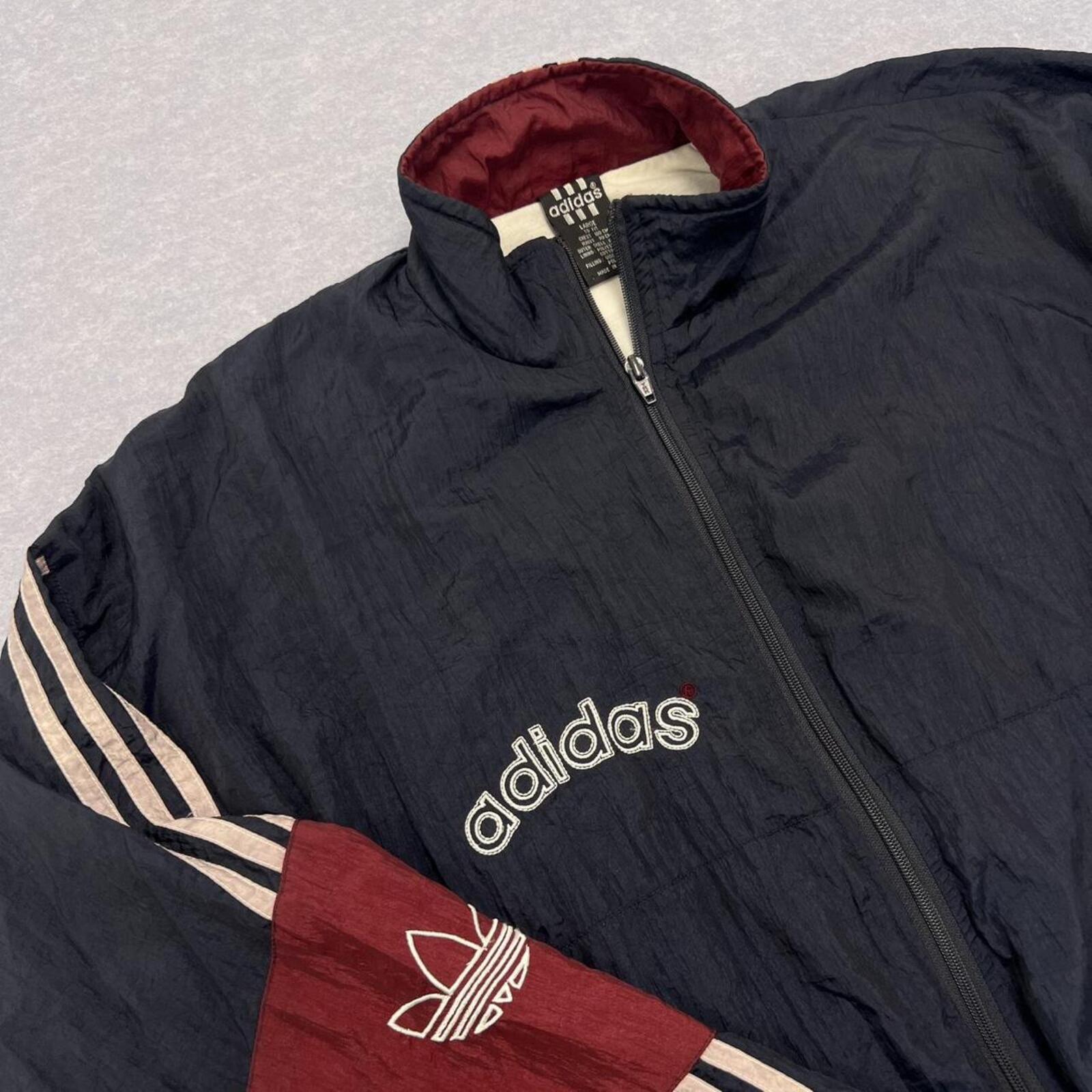 Vintage 90s Adidas Originals Navy & Burgundy ColourBlock SpellOut Windbreaker Track Jacket L