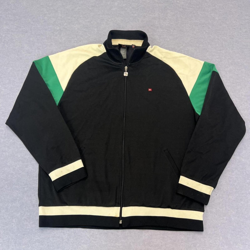 Vintage 90s Quiksilver Surf Full Zip Track Jacket Black White & Green XL Y2K