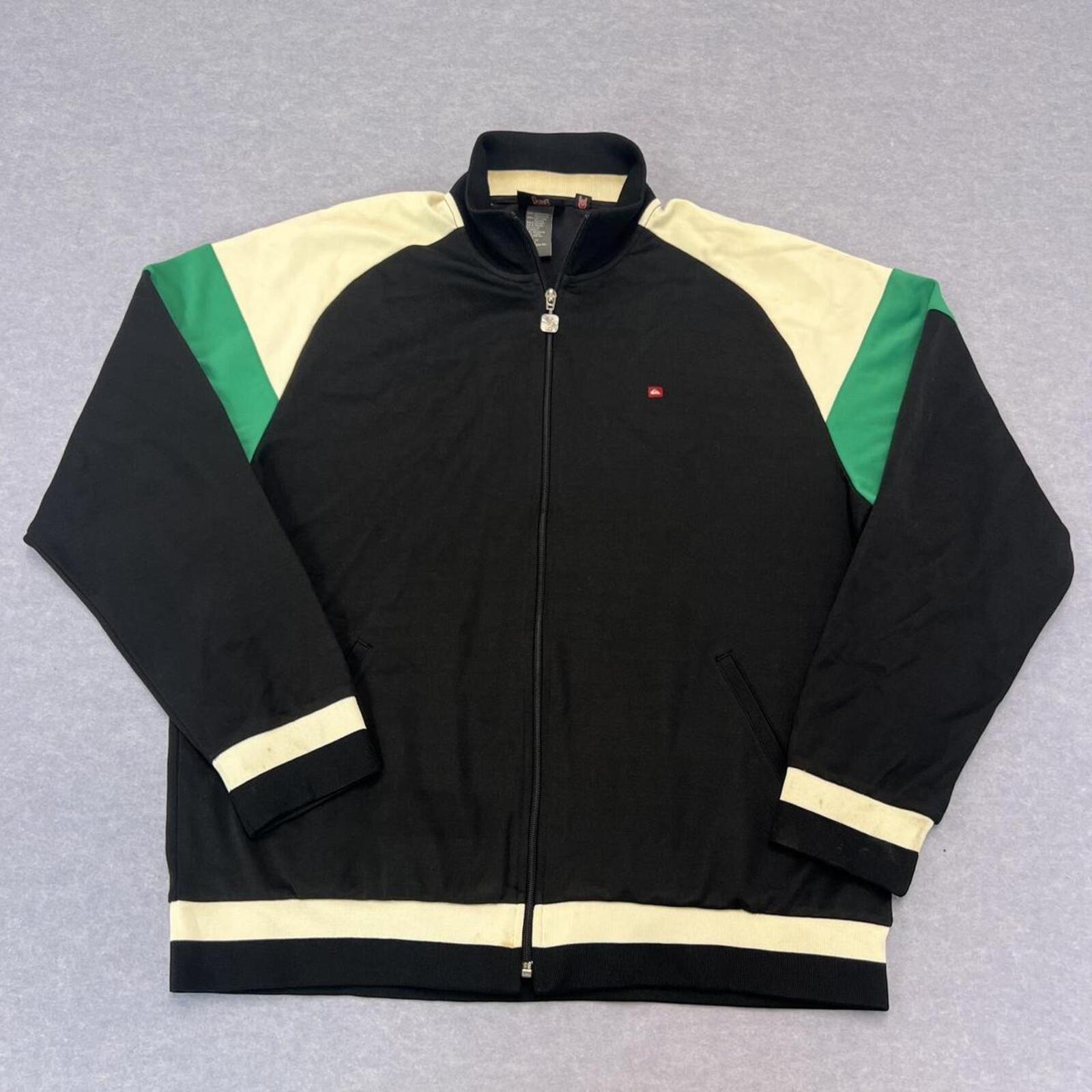 Vintage 90s Quiksilver Surf Full Zip Track Jacket Black White & Green XL Y2K