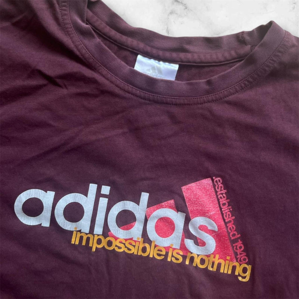 Vintage 2004 Adidas Men's Burgundy Spell Out Impossible Is Nothing T-Shirt Y2K XL