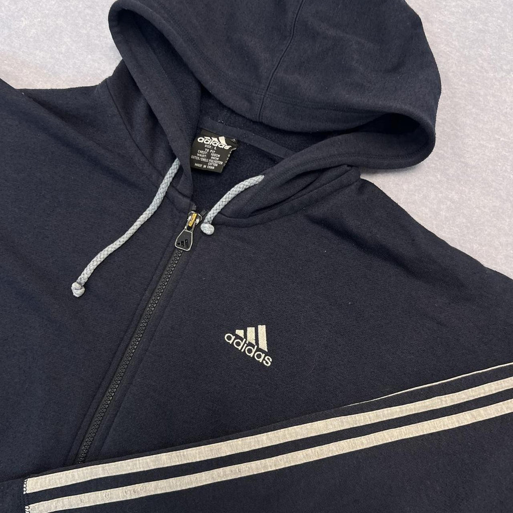 Vintage 2001 Adidas Navy Blue & White Striped Full Zip Hoodie Y2K Streetwear Large