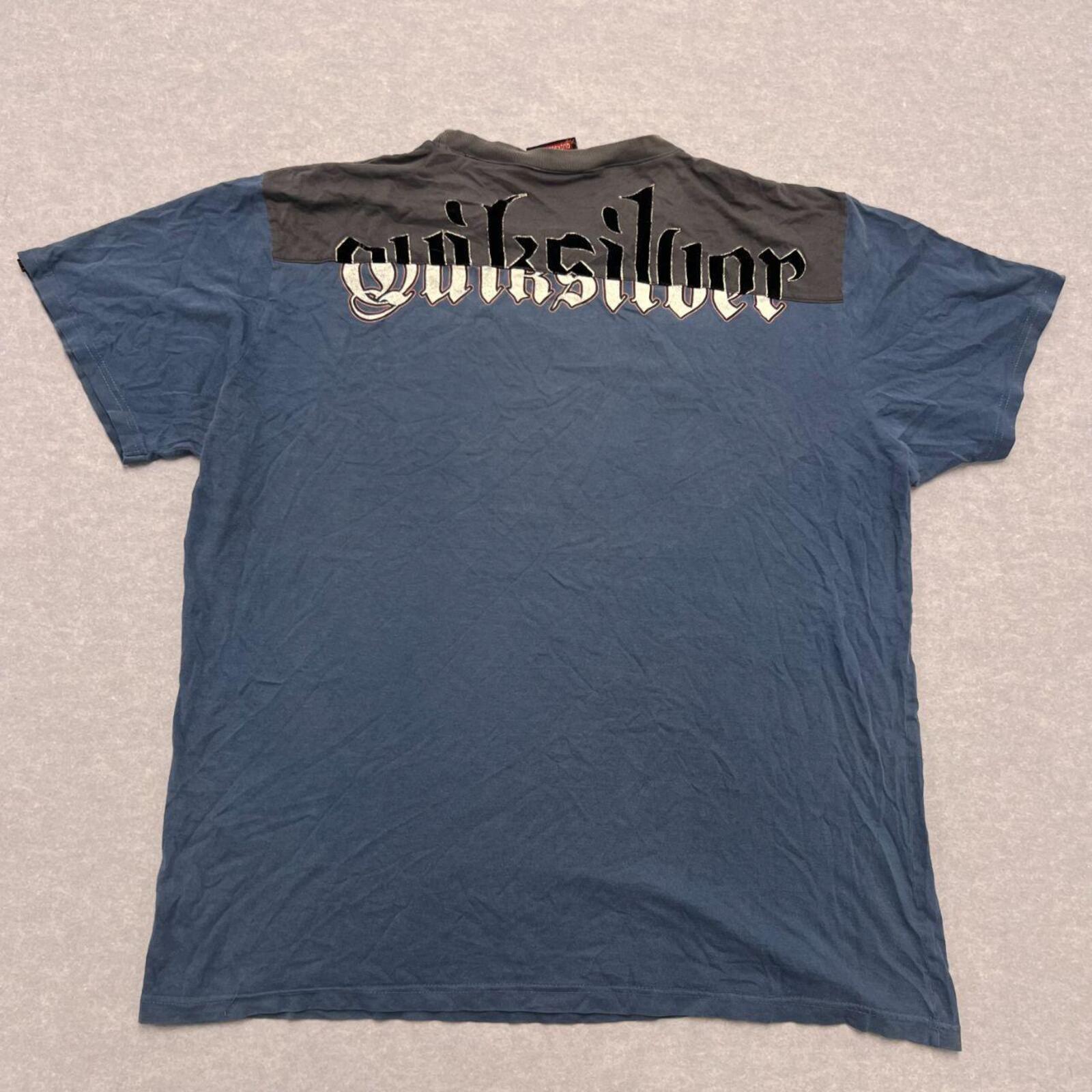 Vintage Quiksilver Surf Men's Blue & Grey Felt Spell-Out Graphic Tee Y2K XL