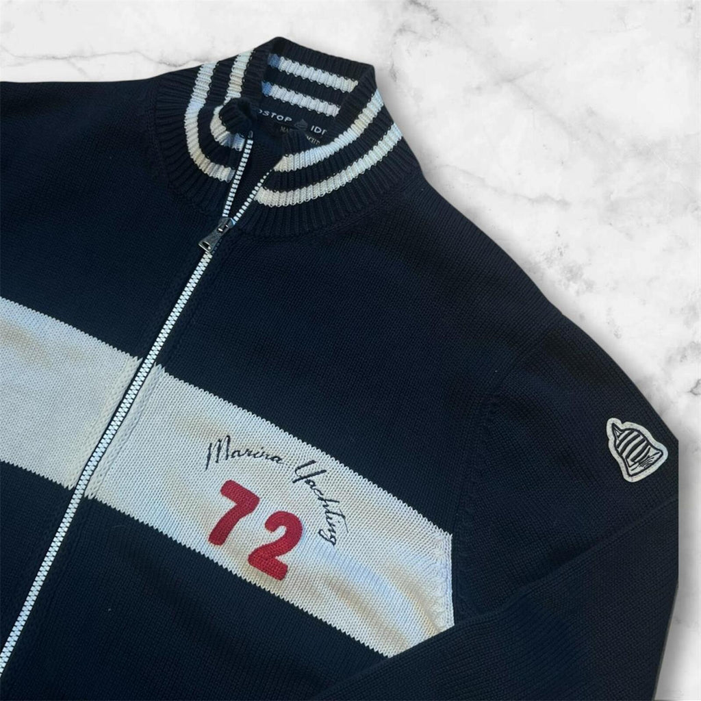 Vintage Men’s Marina Yachting Full Zip Knit Sweater Jumper Navy & White XXL