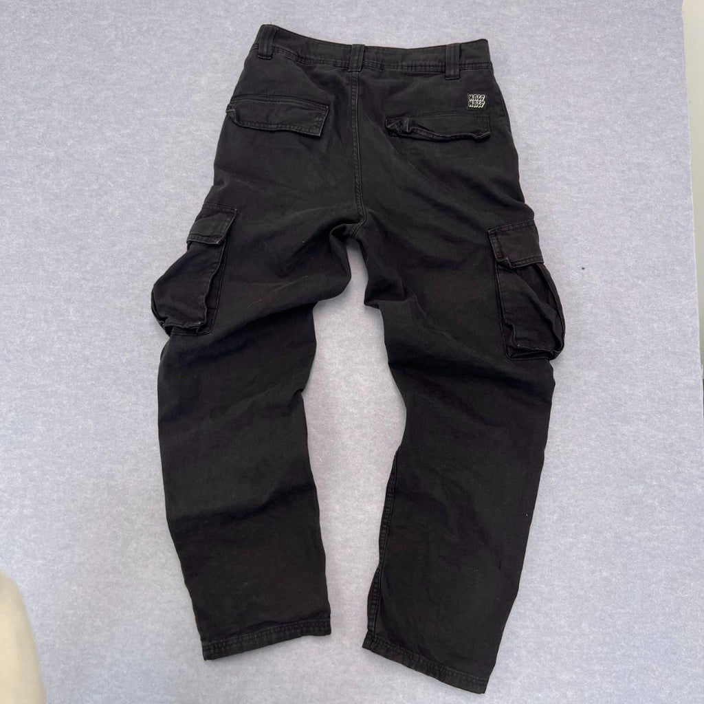 Half Half Streetwear Baggy Black Cargo Pants Utility Wide Leg Carpenter W30"