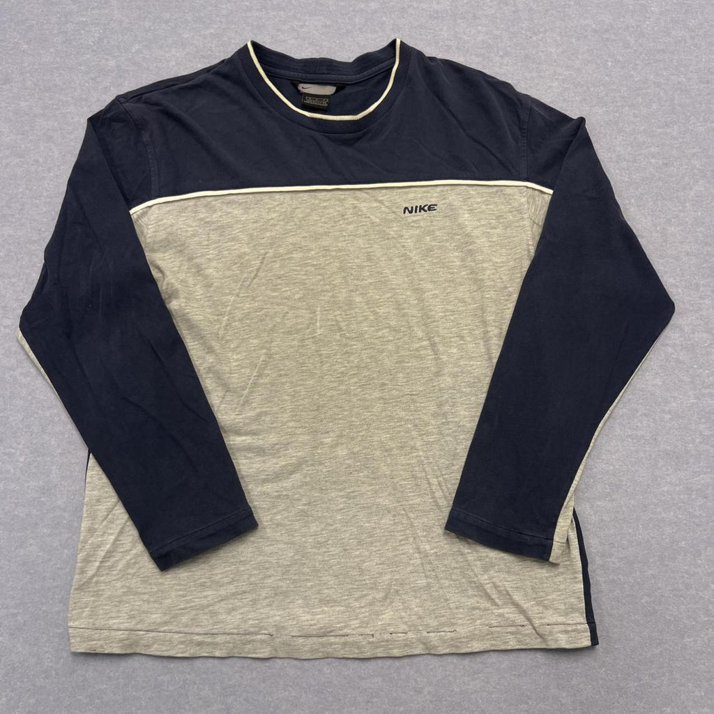 Vintage 2001 Nike Navy Blue & Grey Long Sleeve Panel Pipped T-Shirt Y2K Medium