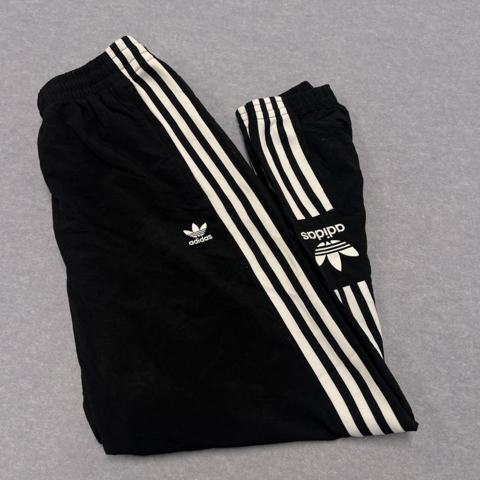 Vintage Adidas Originals Men's Black & White Striped Trefoil Logo Skater Y2K Track Pants Small