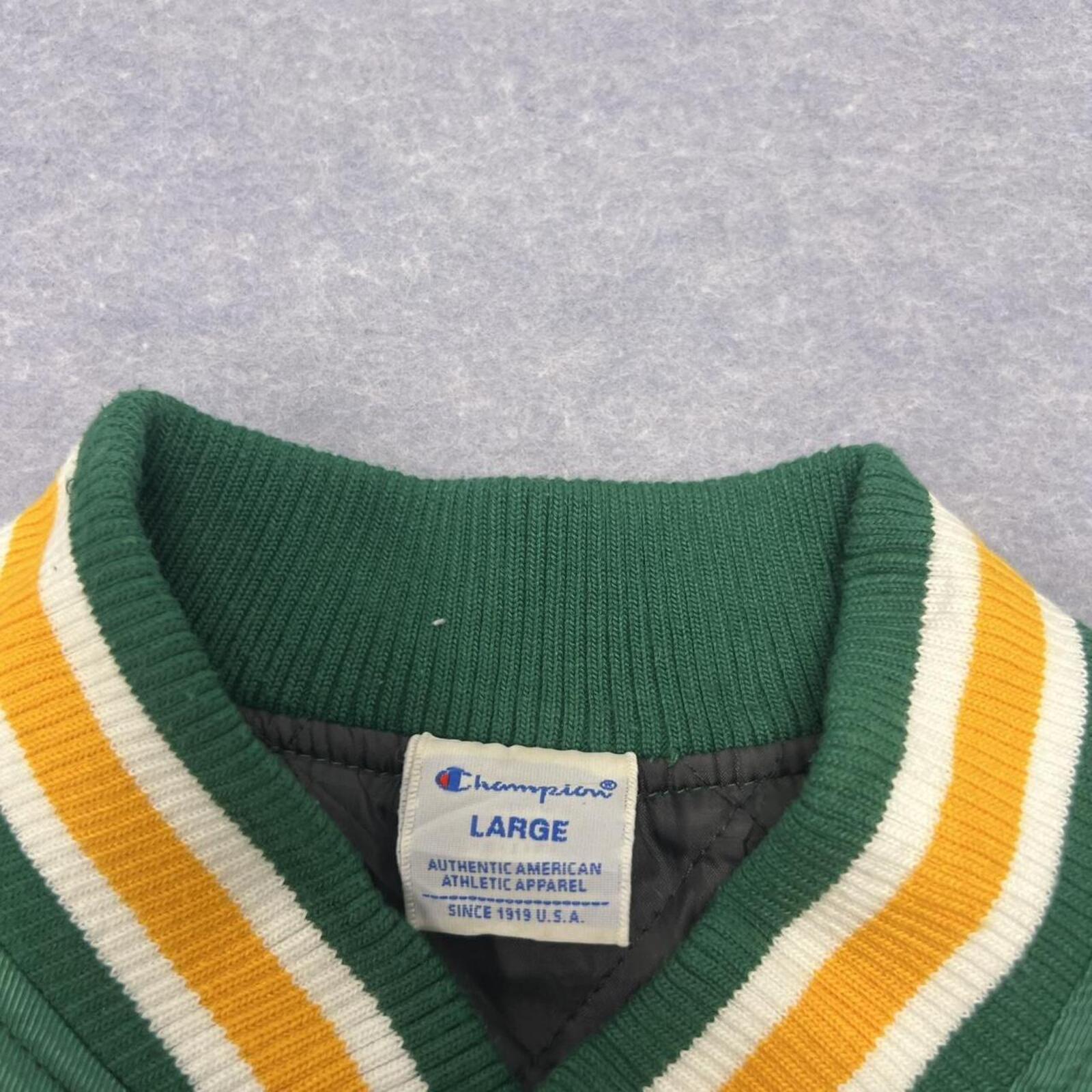 Vintage 80s/90s Champion Men's Green Satin Varsity Bomber Jacket USA Flag Large