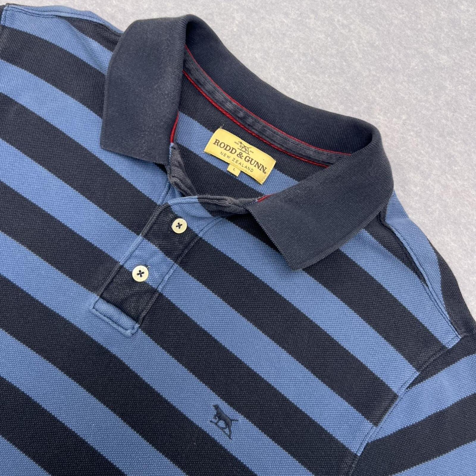 Vintage Rodd & Gunn Men’s Navy & Blue Striped Polo (Navy Dog) Preppy Large