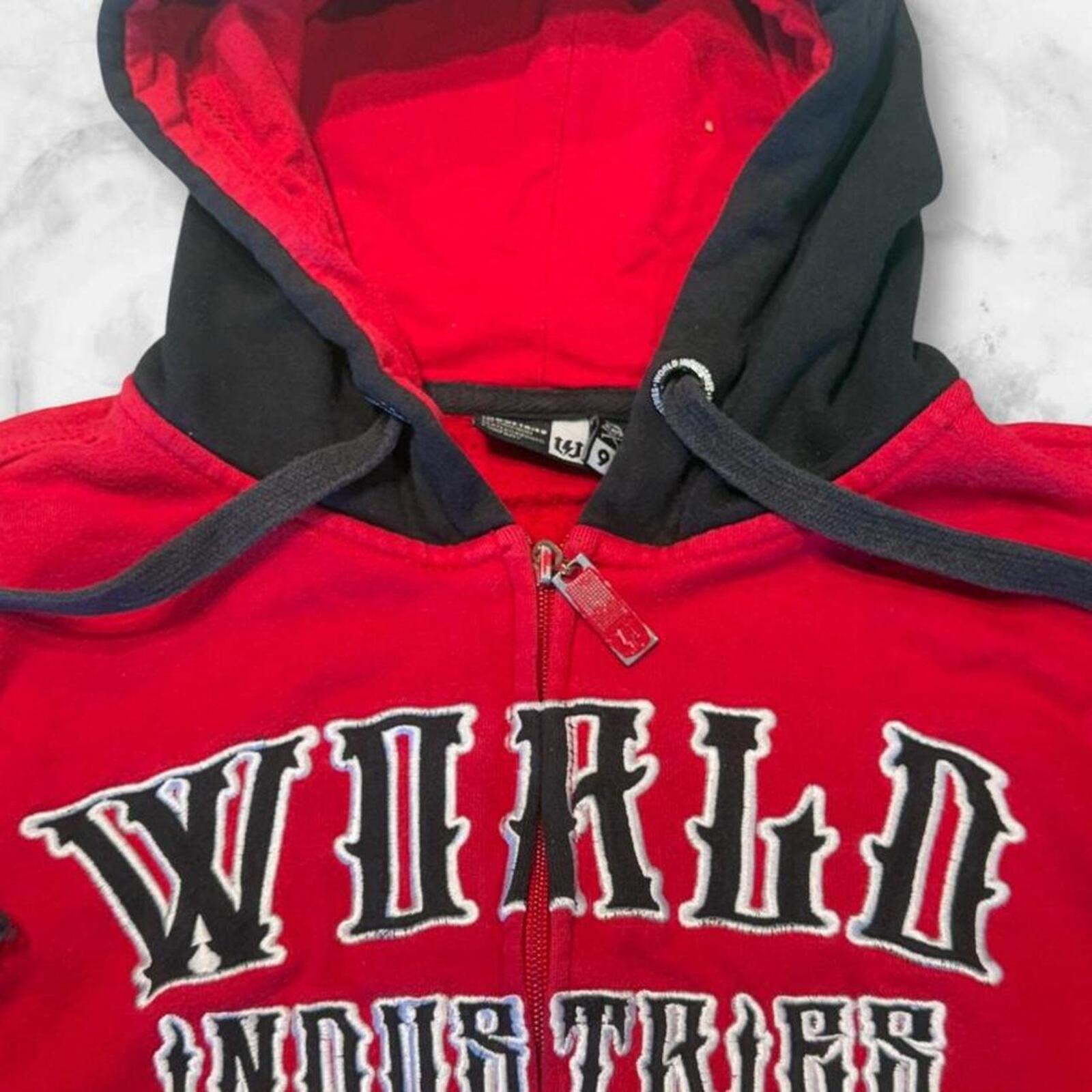 Vintage World Industries Skateboarding Red & Black Spell Out Embroidered Skull Hoodie Youth Boys Size 9