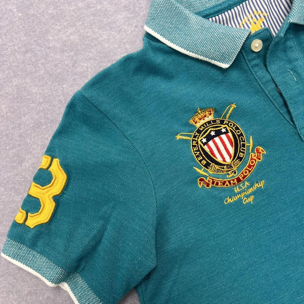 Vintage Beverly Hills Polo Club Teal Blue Crest Big Pony Polo Youth Medium