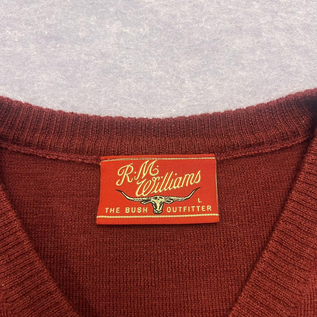 Vintage R.M. Williams Burgundy Red 100% Wool V Neck Knit Sweater KN649 Large