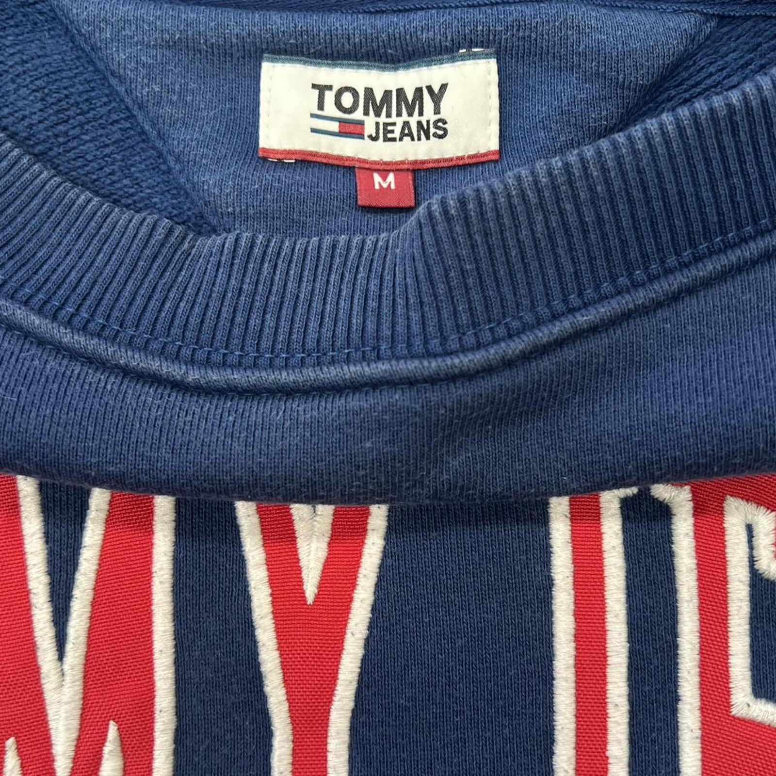 Vintage Tommy Hilfiger Tommy Jeans Men's Navy Blue & Red Spell-Out Logo Sweatshirt Medium