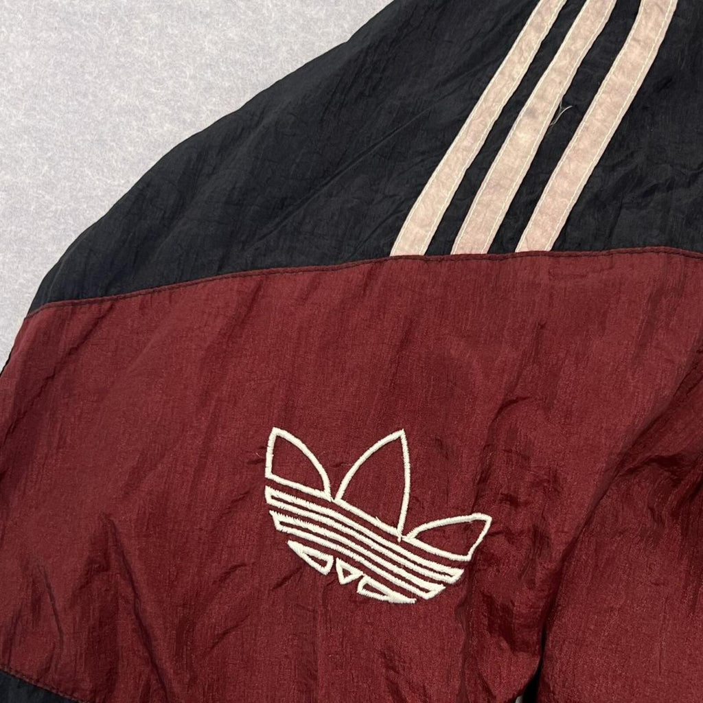Vintage 90s Adidas Originals Navy & Burgundy ColourBlock SpellOut Windbreaker Track Jacket L