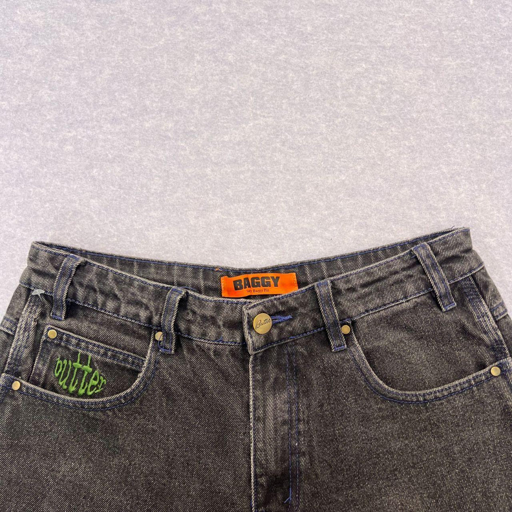 Vintage Butter Streetwear Very Baggy Spider Web Denim Charcoal Distressed Jeans Thrashed Hem Skater Men's W28"