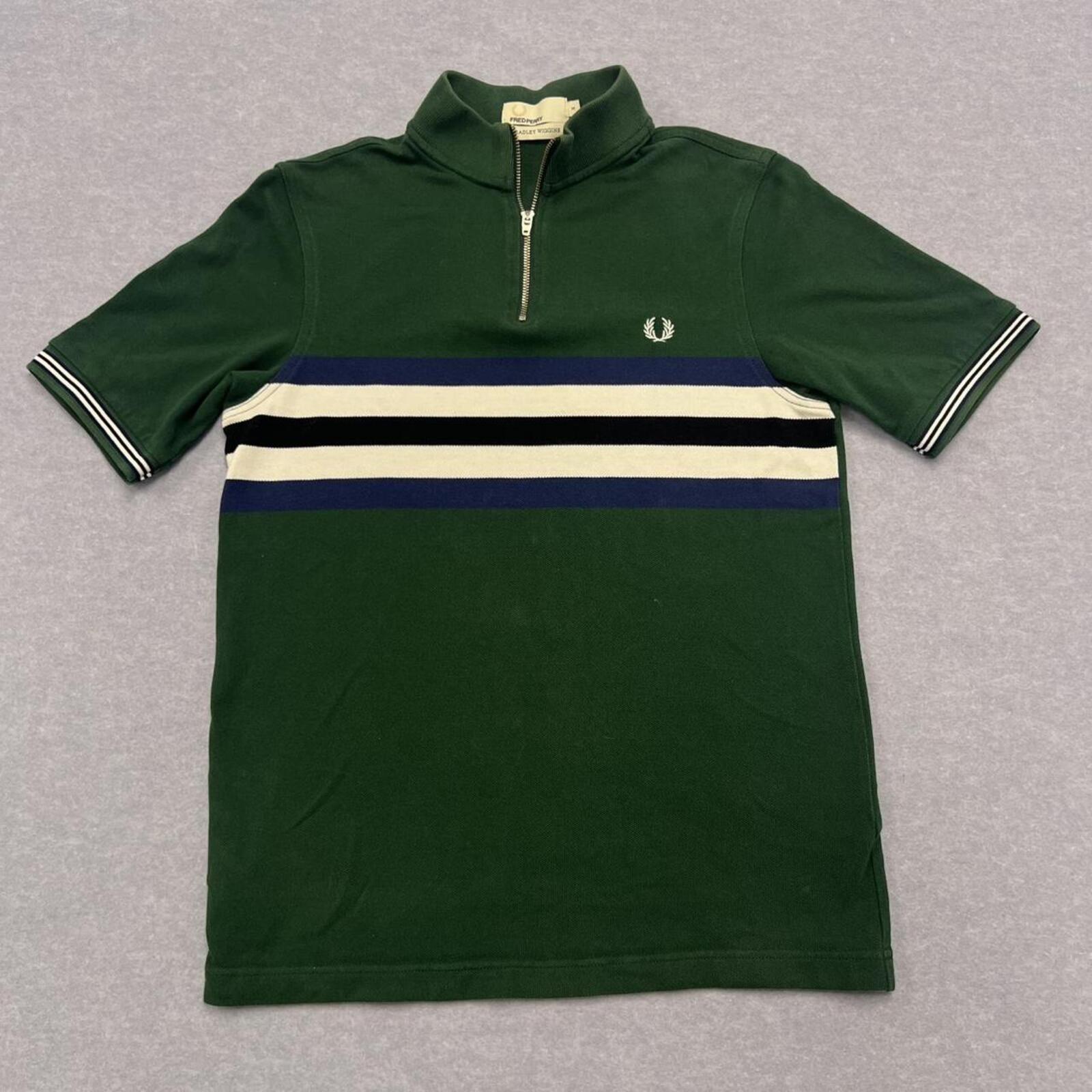 Fred Perry x Bradley Wiggins Cycling Green Striped 1/4 Zip  Polo Mens Medium