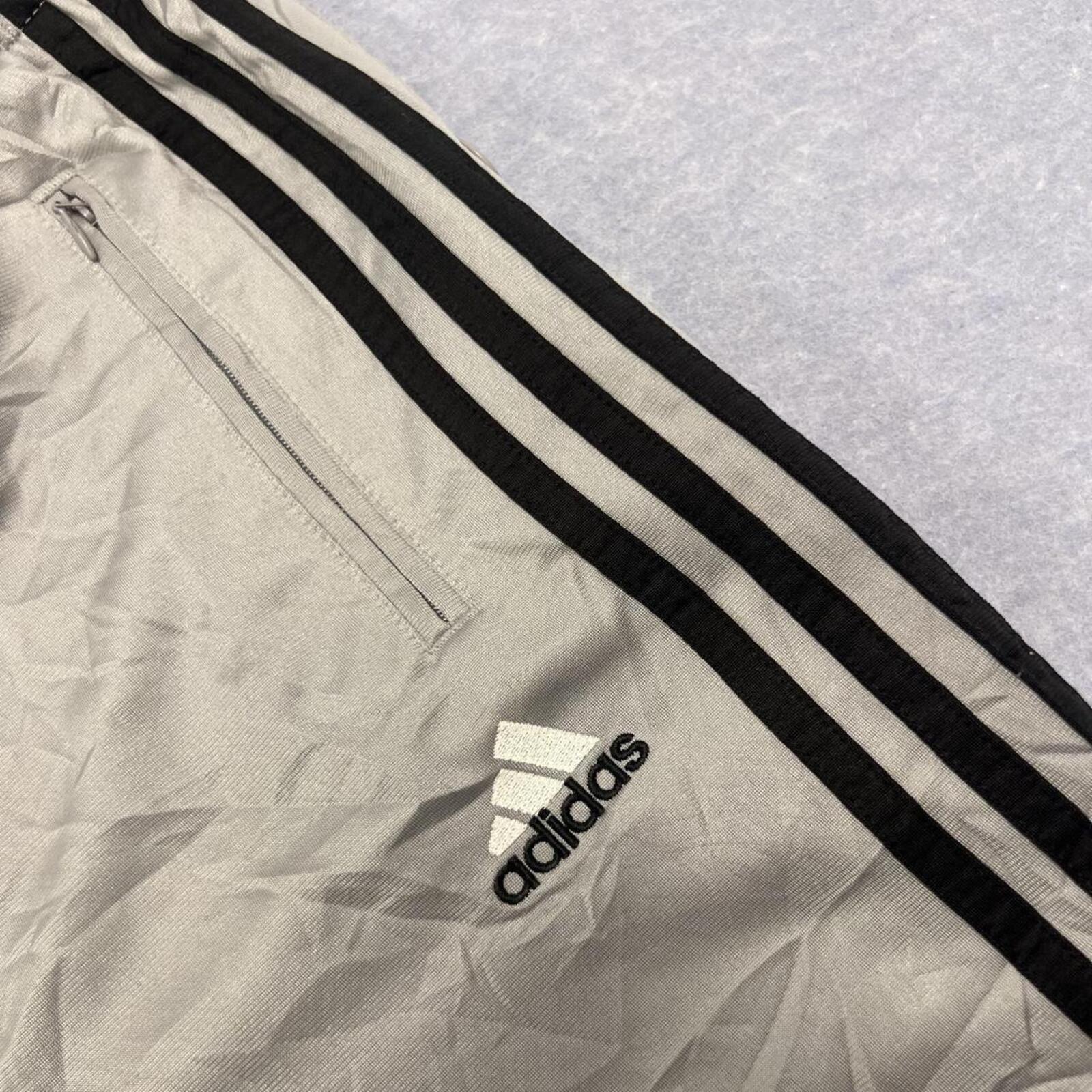 Vintage 1999 Adidas Men's Silver & Black Striped Button up Baggy Streetwear Track Pants Warmup Joggers Oversized Medium
