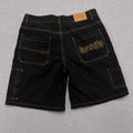 Vintage Afends Black Denim Cargo Shorts Flame Embroidery Y2K Men's W36