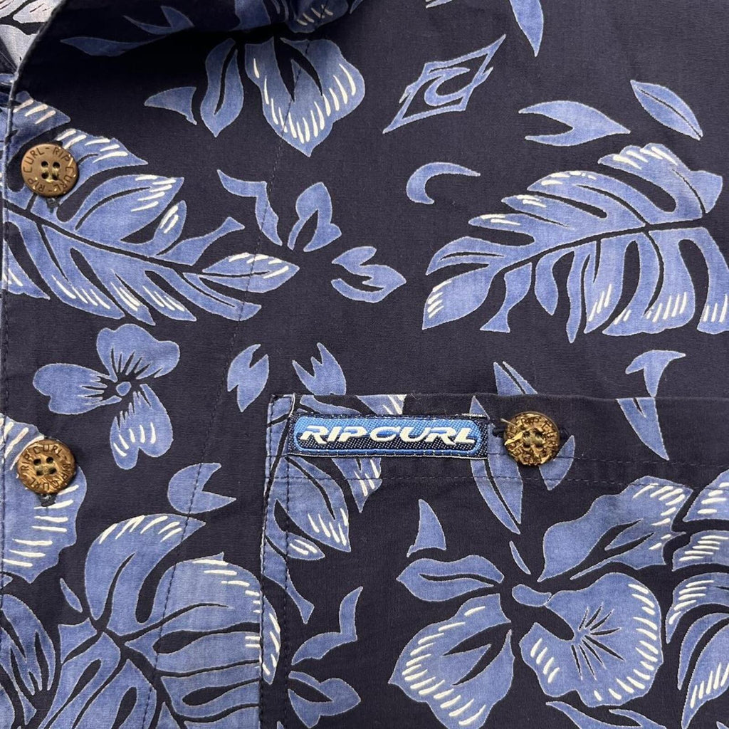Vintage 90s Rip Curl Mens Navy Blue Tropical Floral Hawaiian Shirt Small Fits Large