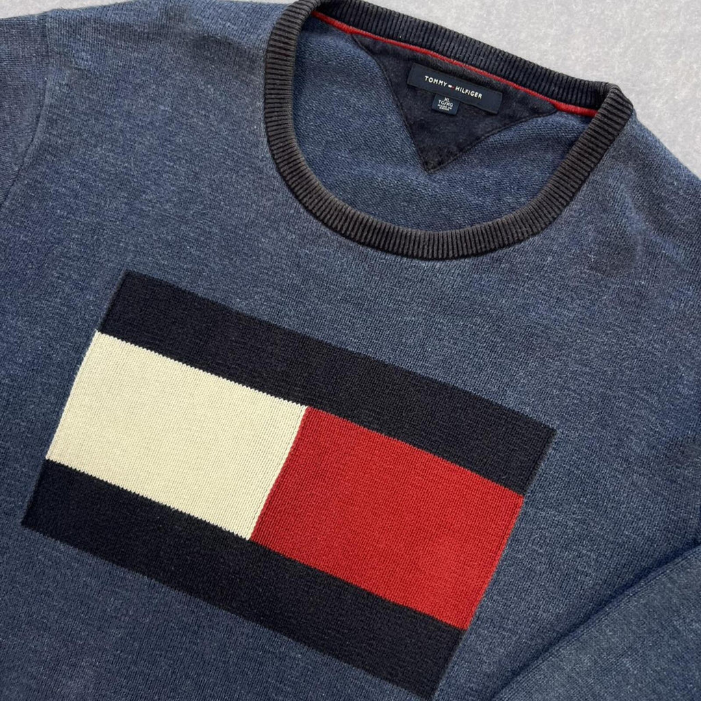 Vintage Tommy Hilfiger Men's Navy Blue Big Flag Knit Sweater Jumper Preppy XL