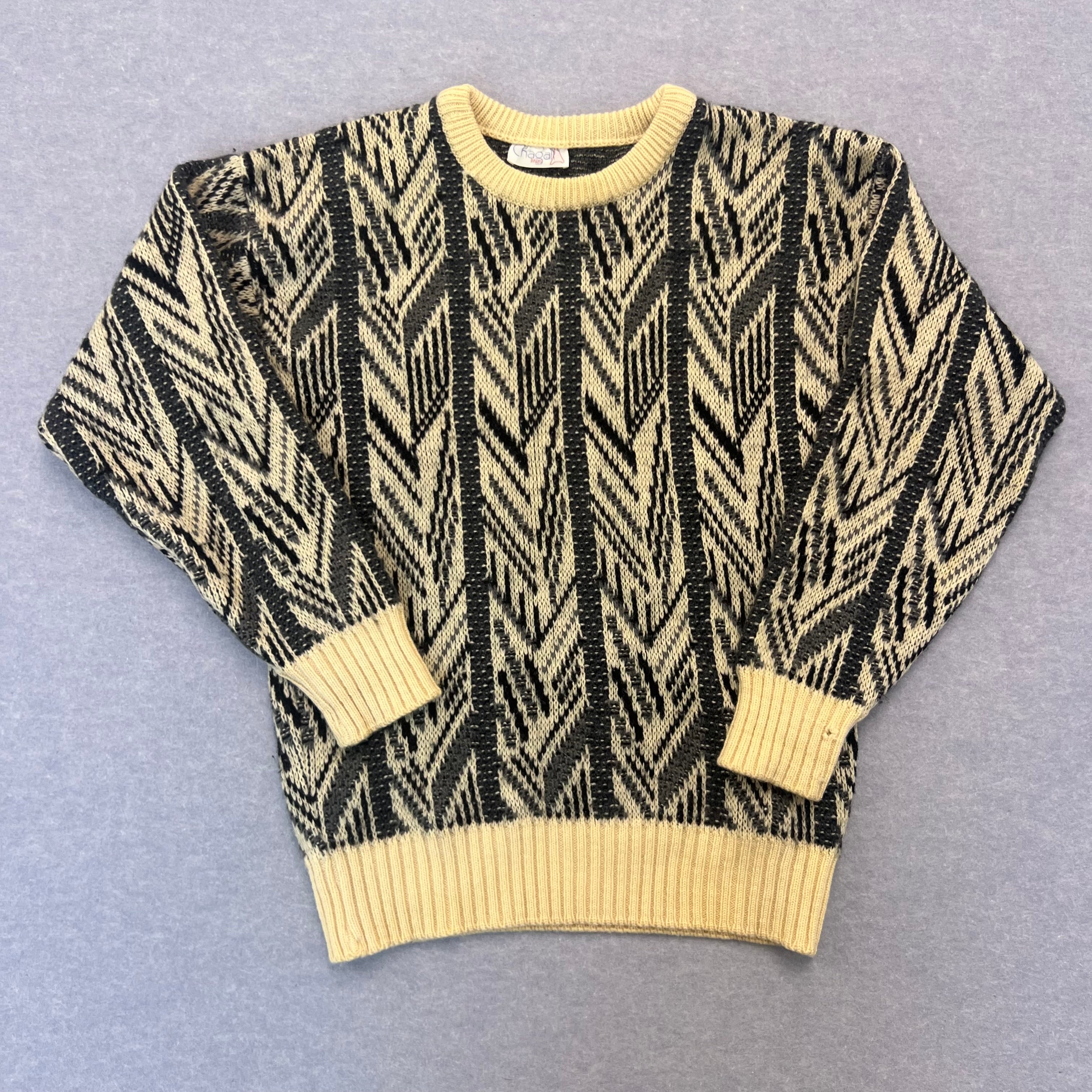 Vintage Chagal Paris Black & White Pure New Wool Icelandic Knit Sweater Men's Medium