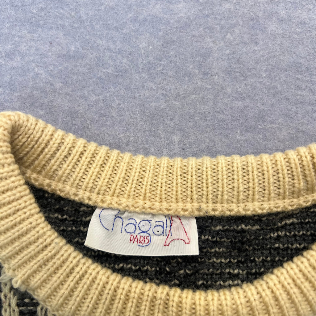 Vintage Chagal Paris Black & White Pure New Wool Icelandic Knit Sweater Men's Medium
