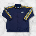 Vintage 1990’s Puma Men’s Navy Blue & Gold Button Up Track Jacket Medium