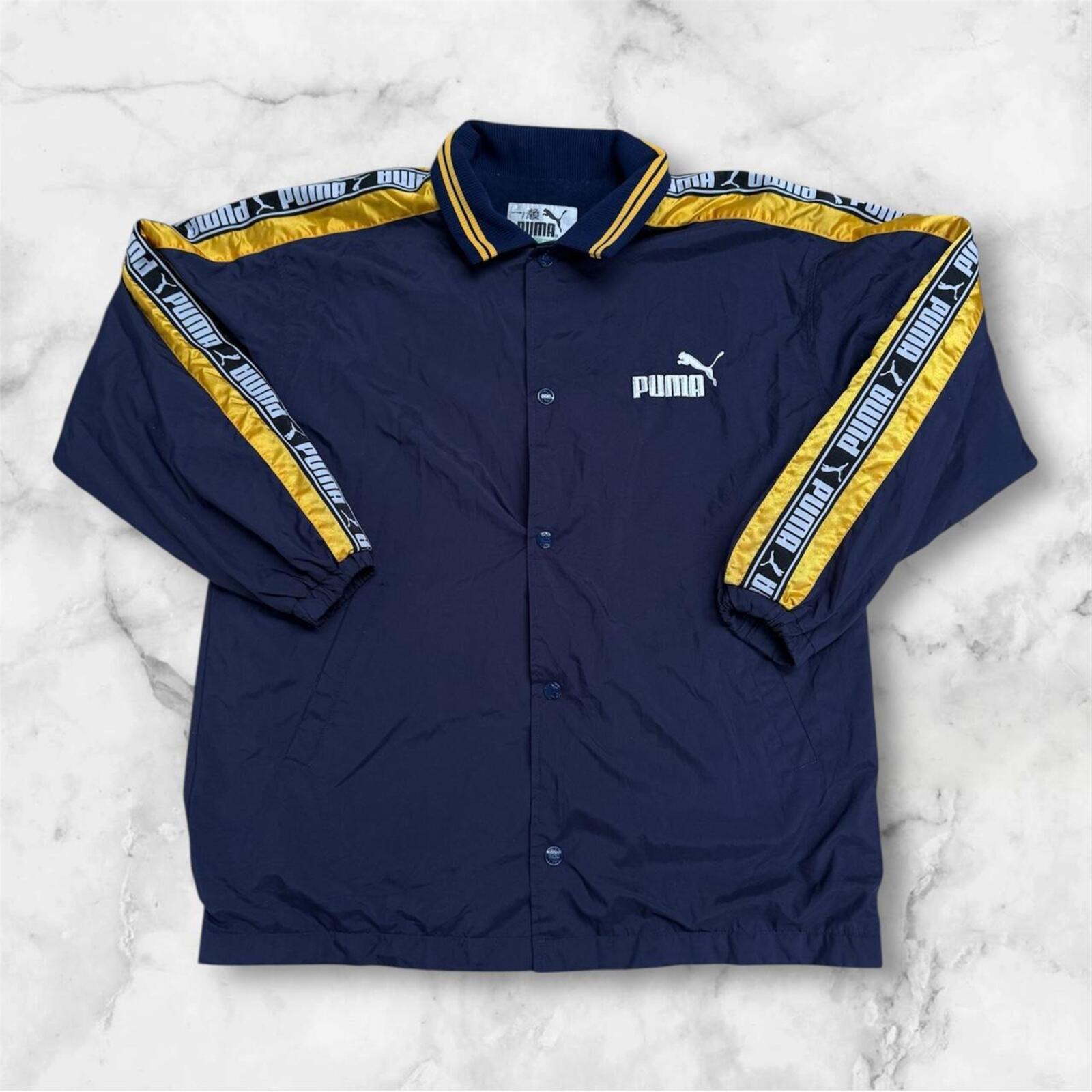 Vintage 1990’s Puma Men’s Navy Blue & Gold Button Up Track Jacket Medium