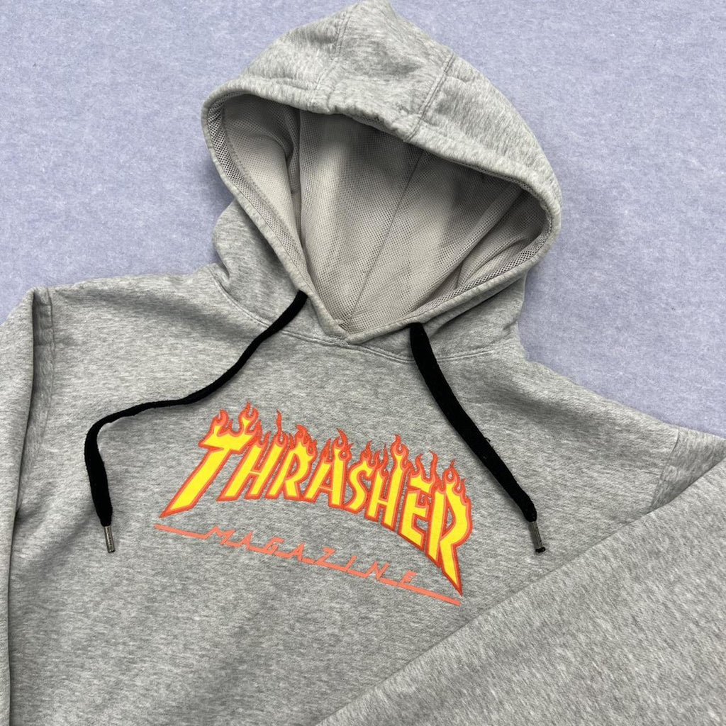 Vintage 90’s Thrasher Magazine Skateboards Flame Logo Grey Skater Hoodie Fits XL