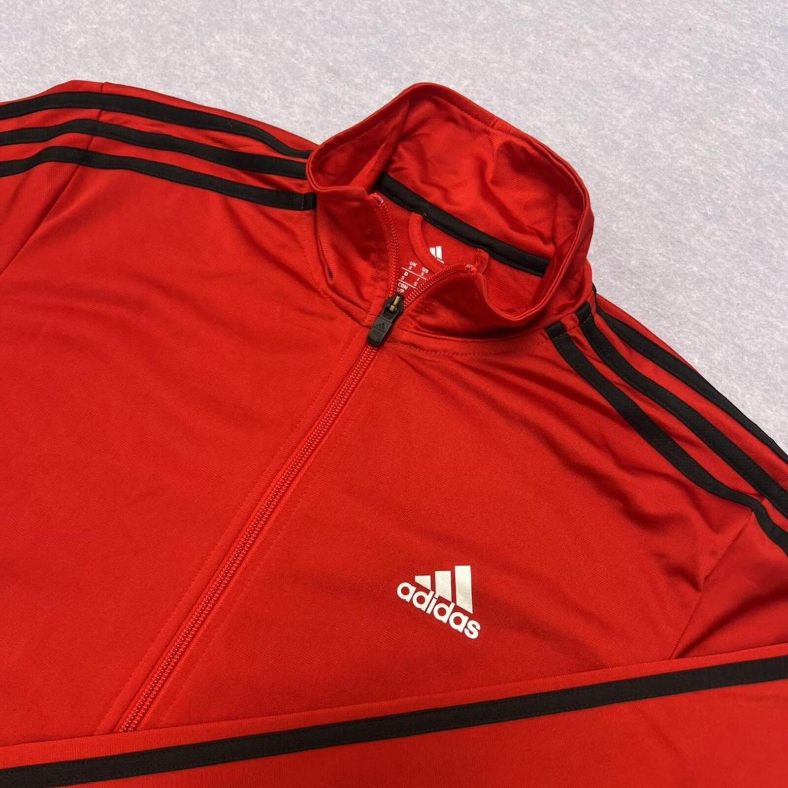 Vintage Adidas Men's Red & Black Striped Streetwear Full Zip Track Jacket Small