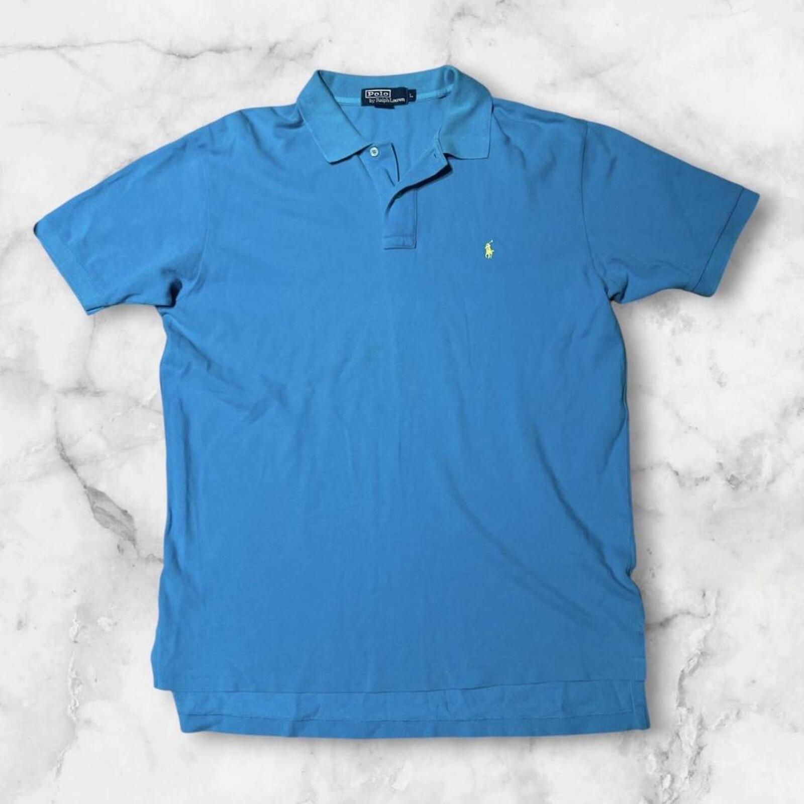 Vintage Polo Ralph Lauren Mens Light Blue Preppy Dress Polo  (Yellow Pony) Large